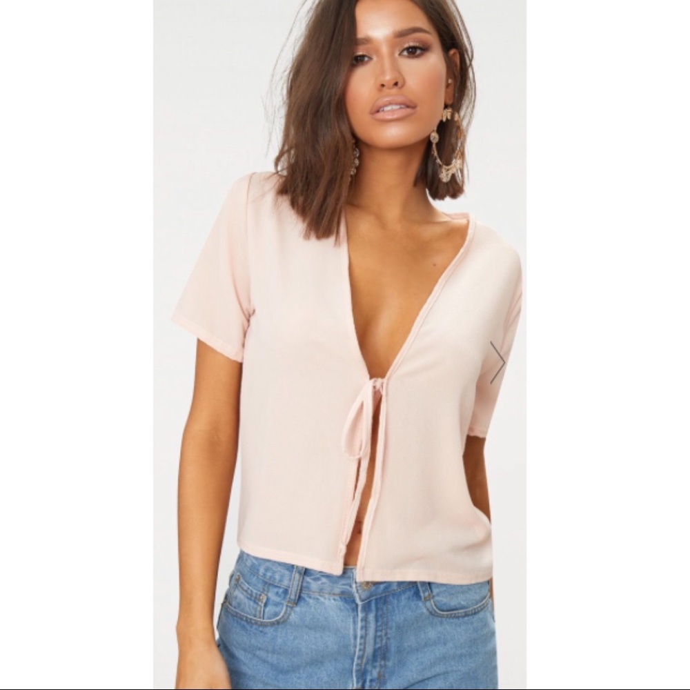 PLT Nude Chiffon Tie Front Short Sleeve